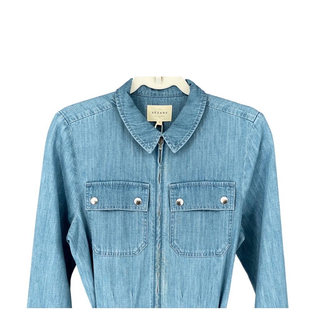Sezane Denim Bob Jumpsuit Light Blue Wash Utility Long Sleeve Tie Waist US 6 NEW - Picture 7 of 14